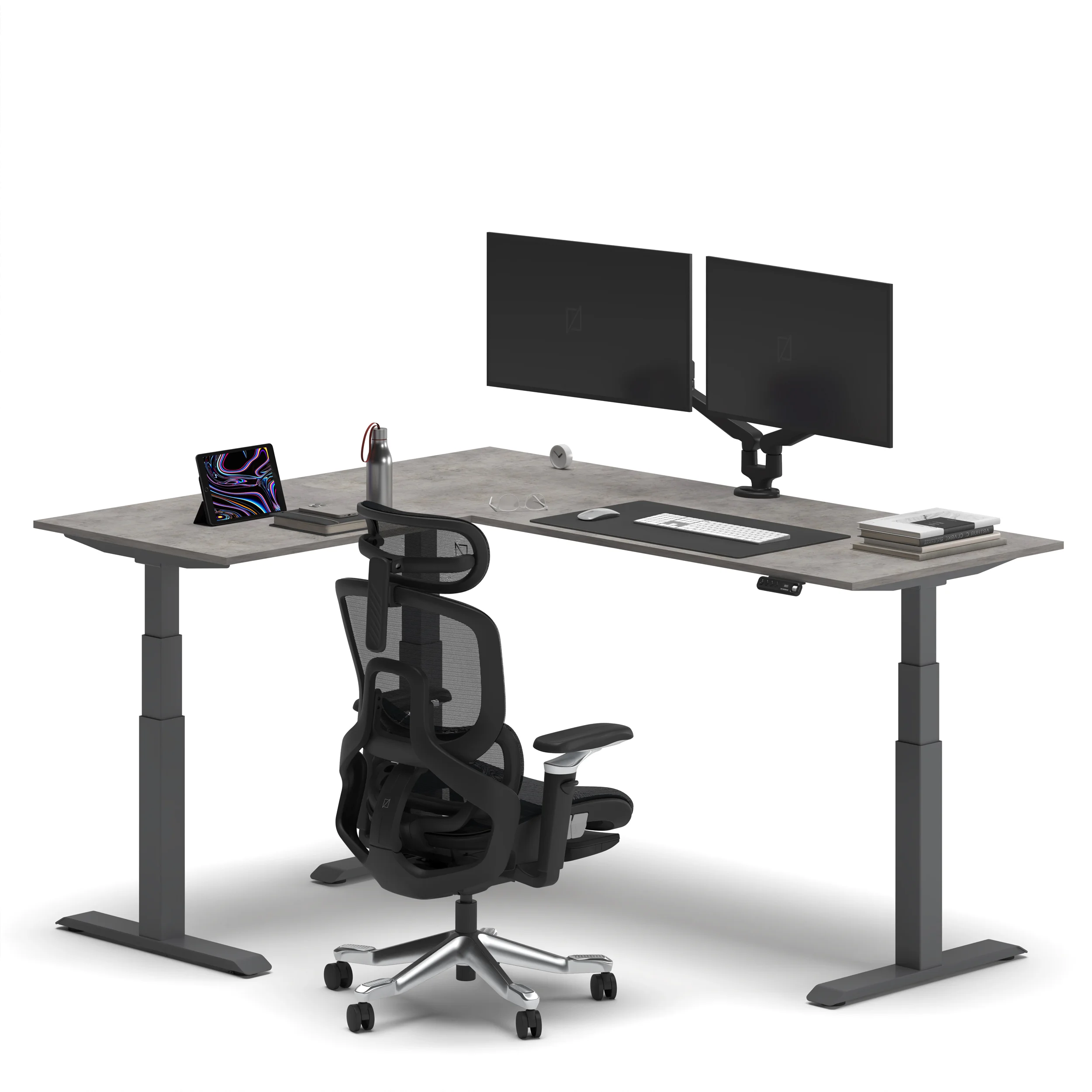 Navodesk® L Shaped Desk Concrete Top Grey Frame Right3 left
