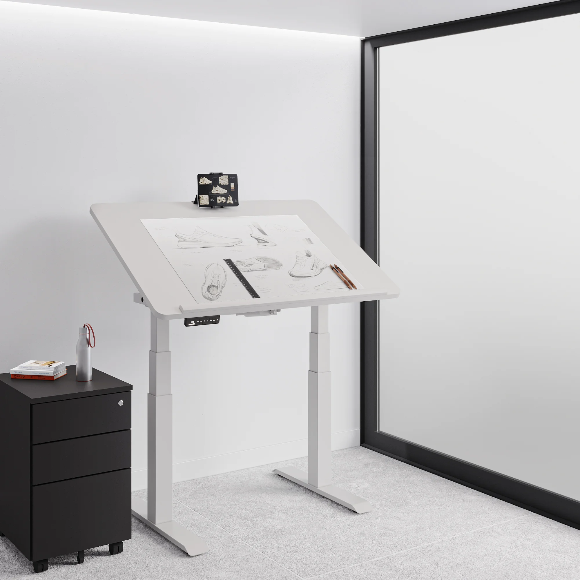 Navodesk® Tilt Electric Drafting Table Standing Desk White Frame White Top