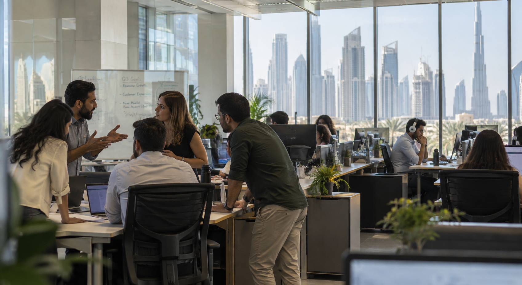 Collaborative Team Meeting with City Skyline