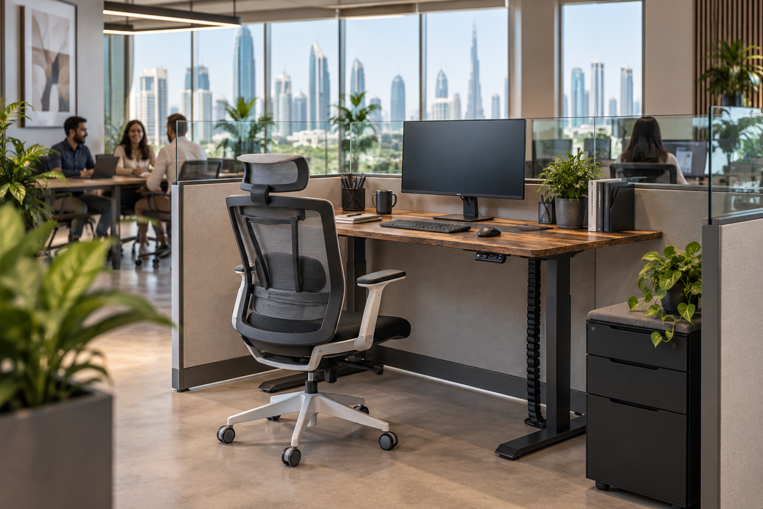 Modern Workspace with Skyline Views